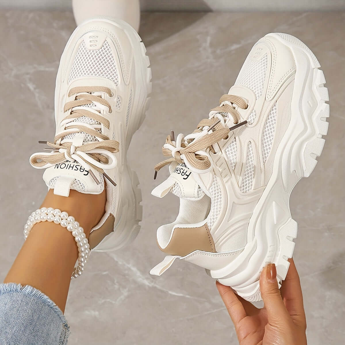 Women's White Mesh Thick Sole Trainers