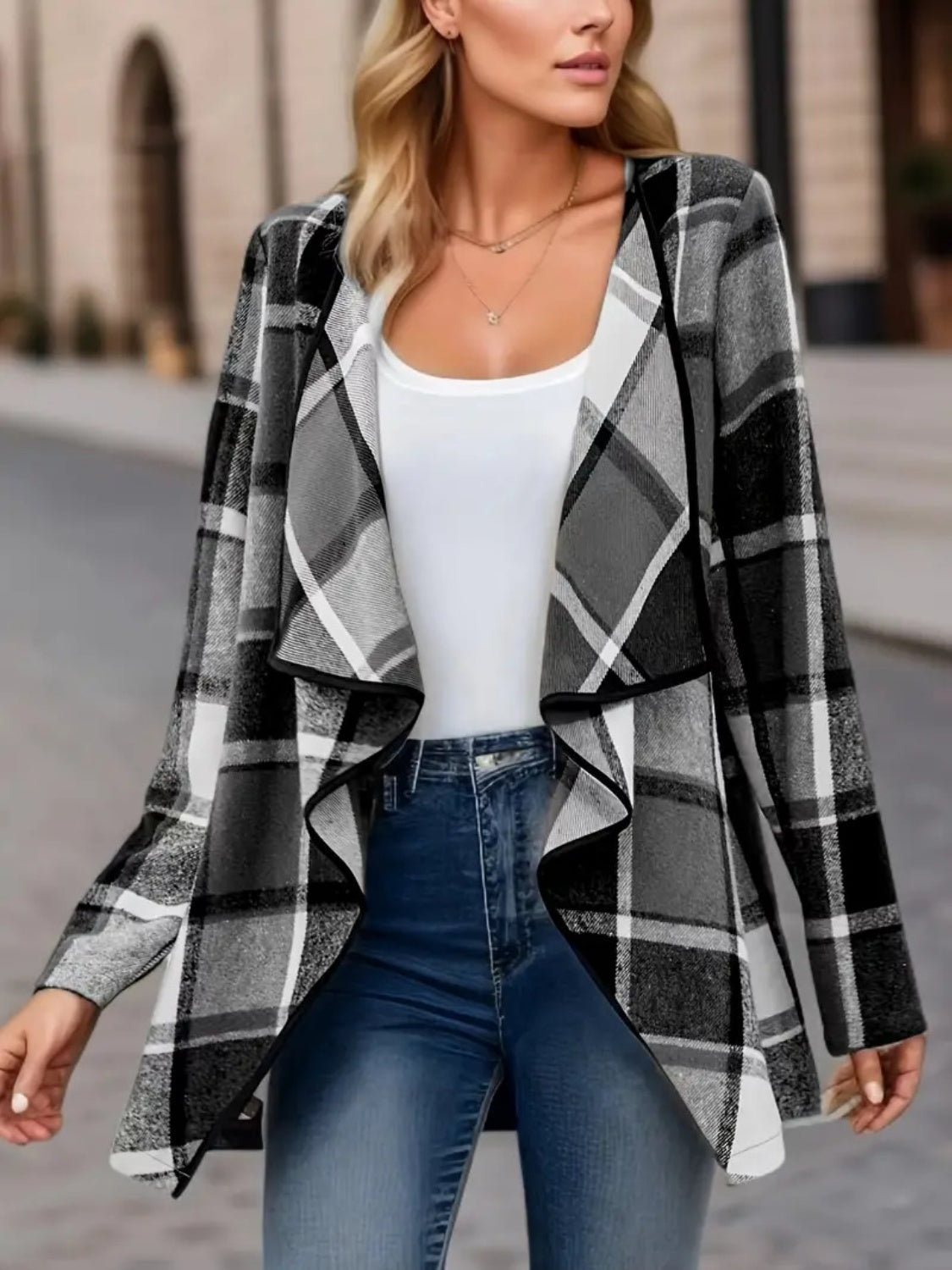 Open-front checkered cardigan for women