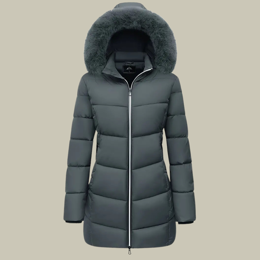 Quilted fur hoodie mid-length winter jacket for women
