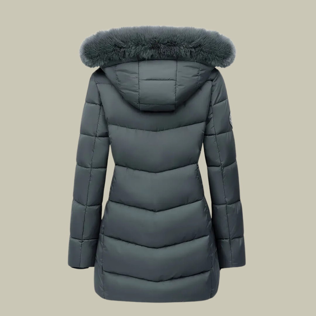 Quilted fur hoodie mid-length winter jacket for women