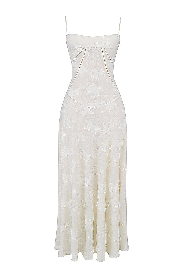 Eleanor - Retro Cream Maxi Dress With Lace Back Panel