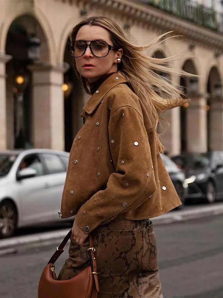 Women's Cropped Suede Jacket - Studded Design - Zip Closure - Point Collar