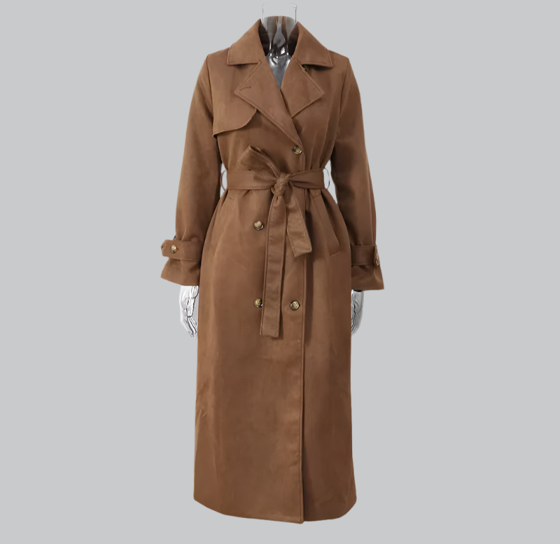 Elegant suede belted long coat for women