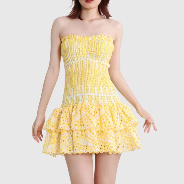 Liana - Gathered bandeau mini dress with blue paisley pattern