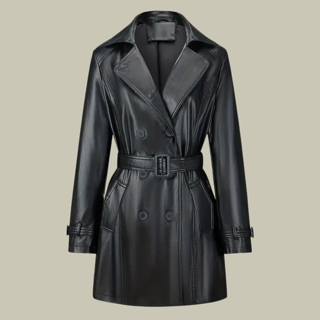 Vintage belted leather trench coat for women