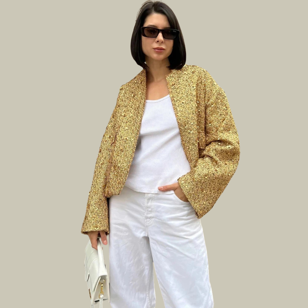 Stand collar shiny sequin jacket for women