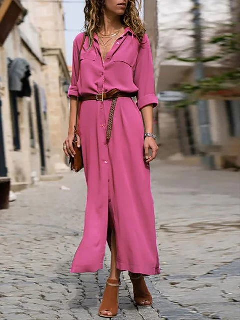 Women's Maxi Shirt Dress - Button Down - Belted Waist - Long Sleeve - Flowy Elegant Fit