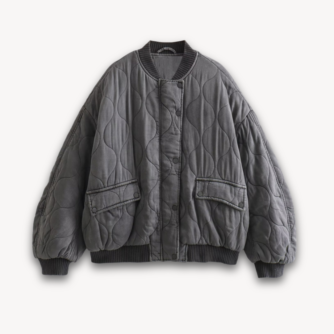 Loravelle | Women's Quilted Oversized Bomber Jacket - Lightweight Polyester Outerwear - Grey Color - Casual Streetwear Style