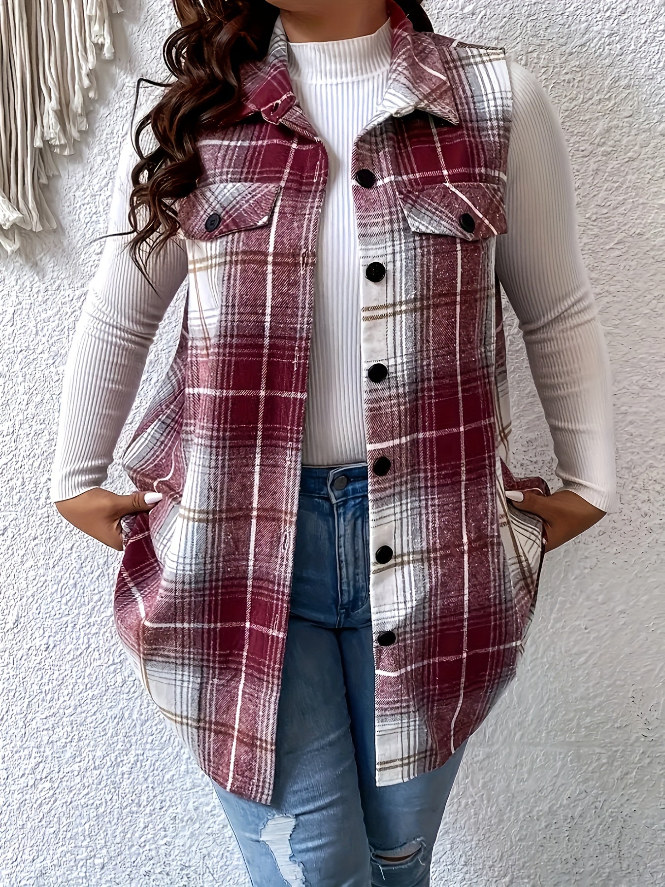 Plaid pattern vest jacket for women
