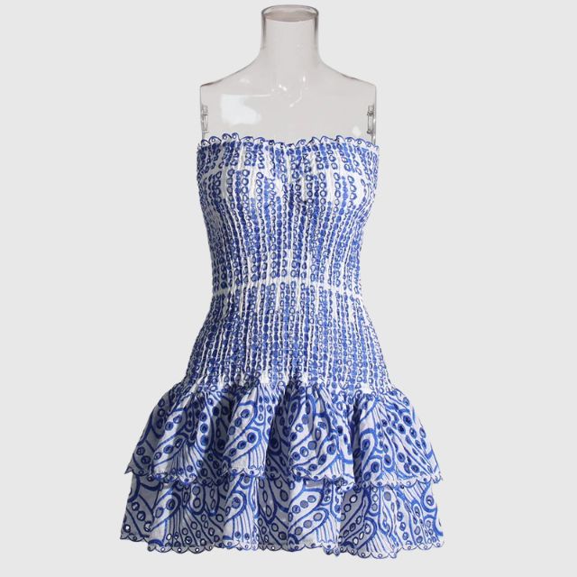 Liana - Gathered bandeau mini dress with blue paisley pattern