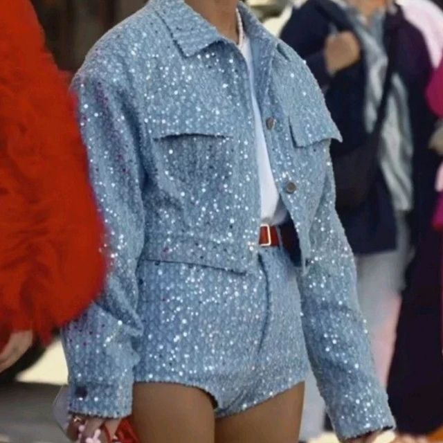 Sequin Denim Jacket and Shorts Set for Women