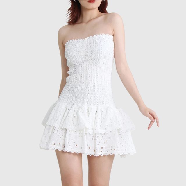 Liana - Gathered bandeau mini dress with blue paisley pattern