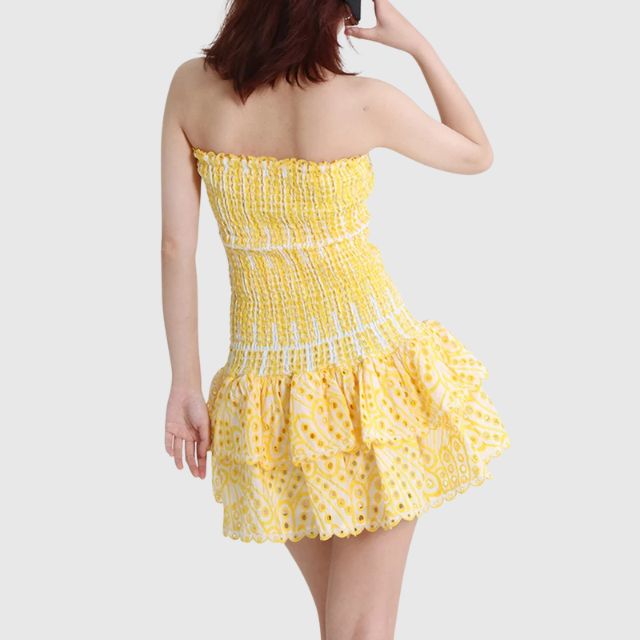 Liana - Gathered bandeau mini dress with blue paisley pattern