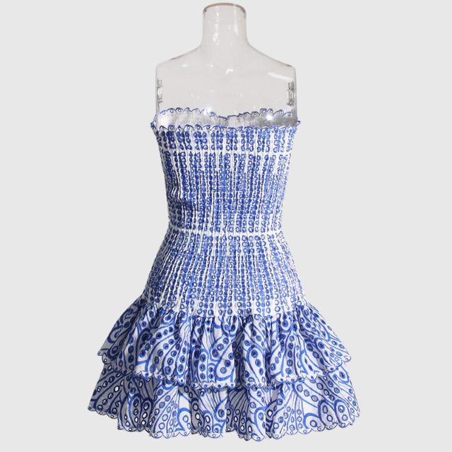 Liana - Gathered bandeau mini dress with blue paisley pattern