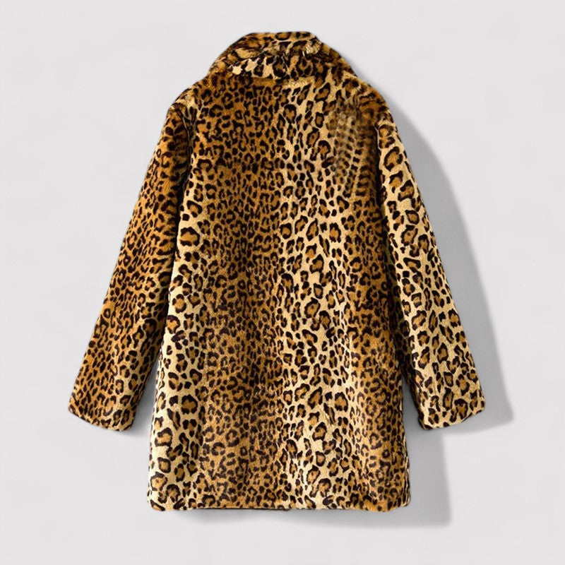 Women's Faux Fur Coat - Leopard Print - Mid-Length - Wide Collar - Warm Stylish Outerwear