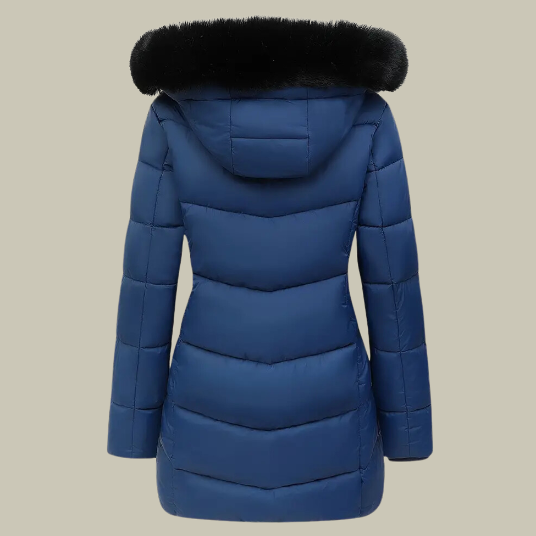 Quilted fur hoodie mid-length winter jacket for women