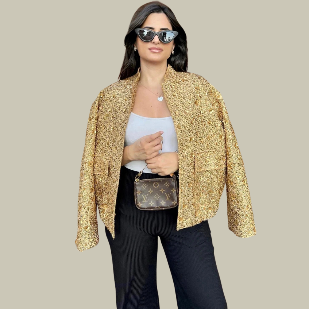 Stand collar shiny sequin jacket for women