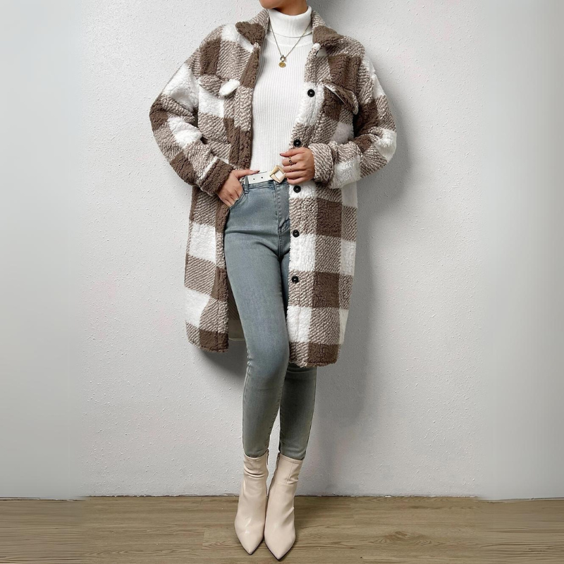 Women's Long Plaid Coat - Oversized Fit - Textured Sherpa Fabric - Notched Collar