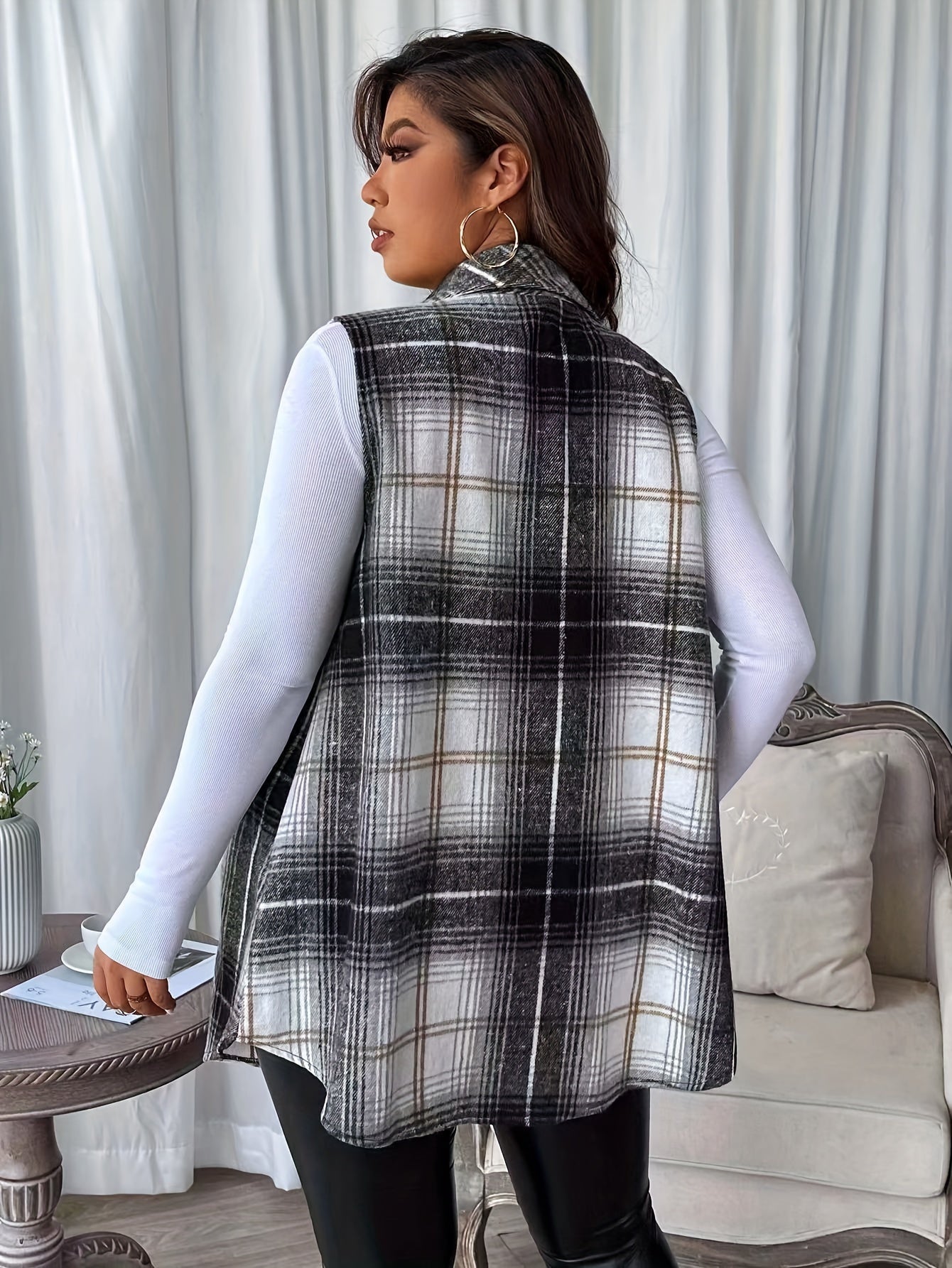 Plaid pattern vest jacket for women