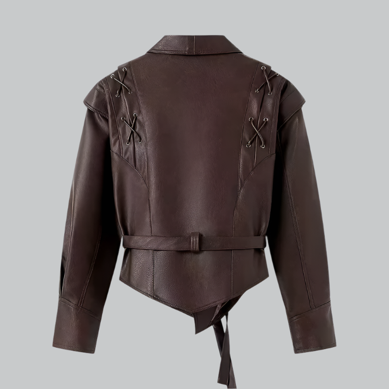 Women's Leather Jacket - Tailored Fit - Wrap Front with Tie Belt - Padded Shoulders