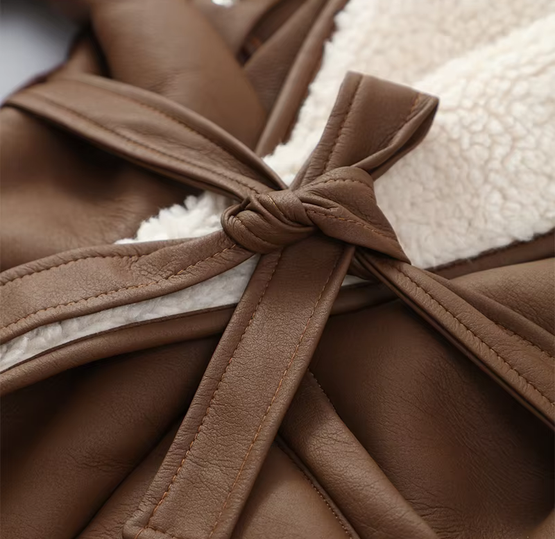 Warm furry tie leather jacket for women