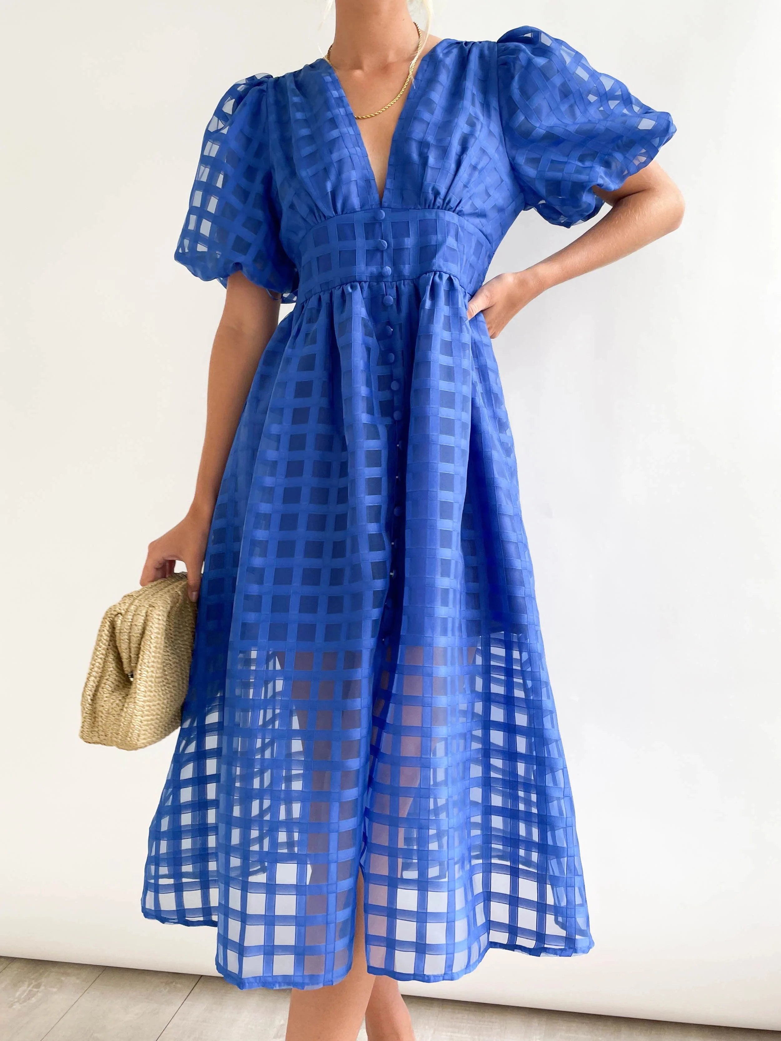 Midi dress with puff sleeves