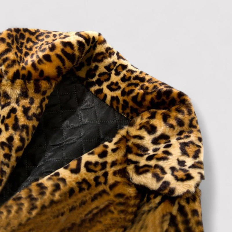 Women's Faux Fur Coat - Leopard Print - Mid-Length - Wide Collar - Warm Stylish Outerwear