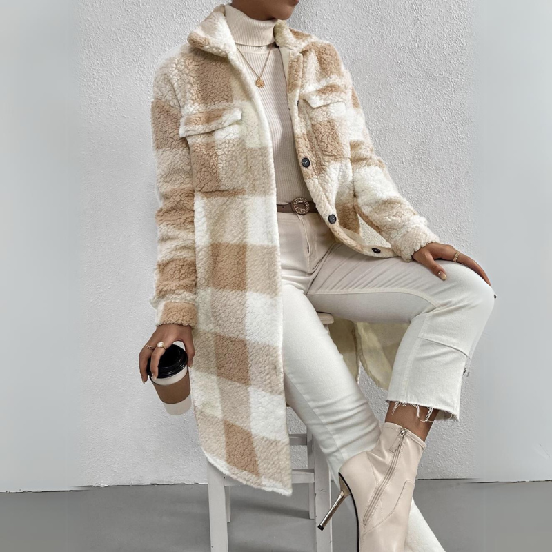 Women's Long Plaid Coat - Oversized Fit - Textured Sherpa Fabric - Notched Collar