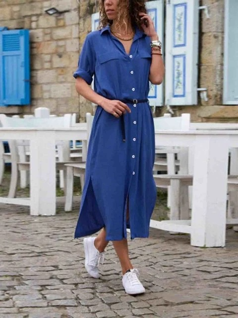 Women's Maxi Shirt Dress - Button Down - Belted Waist - Long Sleeve - Flowy Elegant Fit