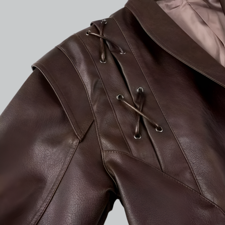 Women's Leather Jacket - Tailored Fit - Wrap Front with Tie Belt - Padded Shoulders