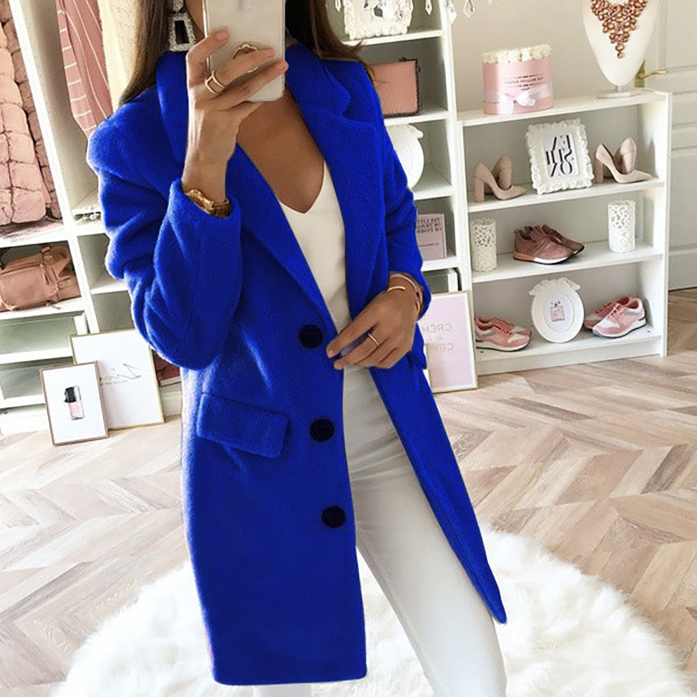 Women's Tailored Coat - Wool Blend - Notch Lapel - Mid Length - Button Closure