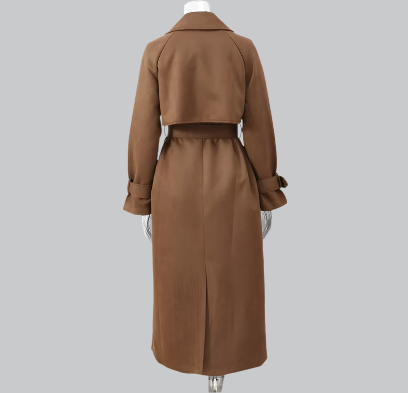 Elegant suede belted long coat for women