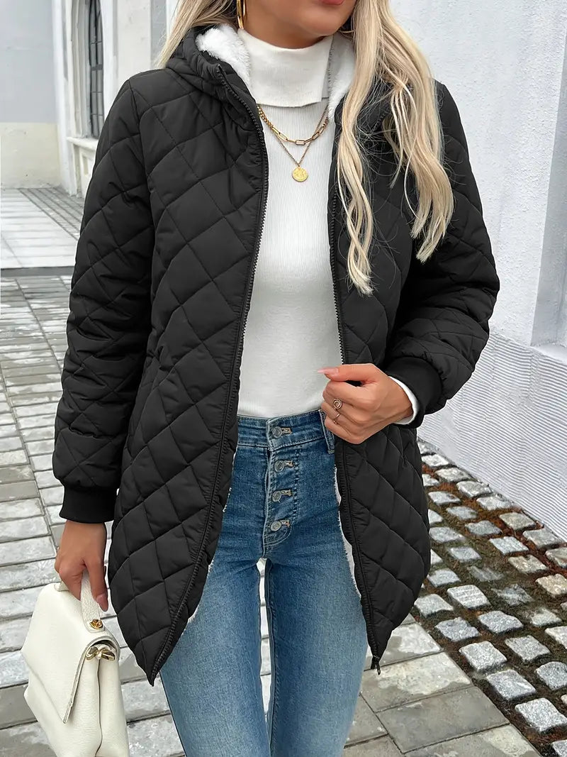 Women's Quilted Jacket - Hooded Longline Coat - Warm Insulated Outerwear