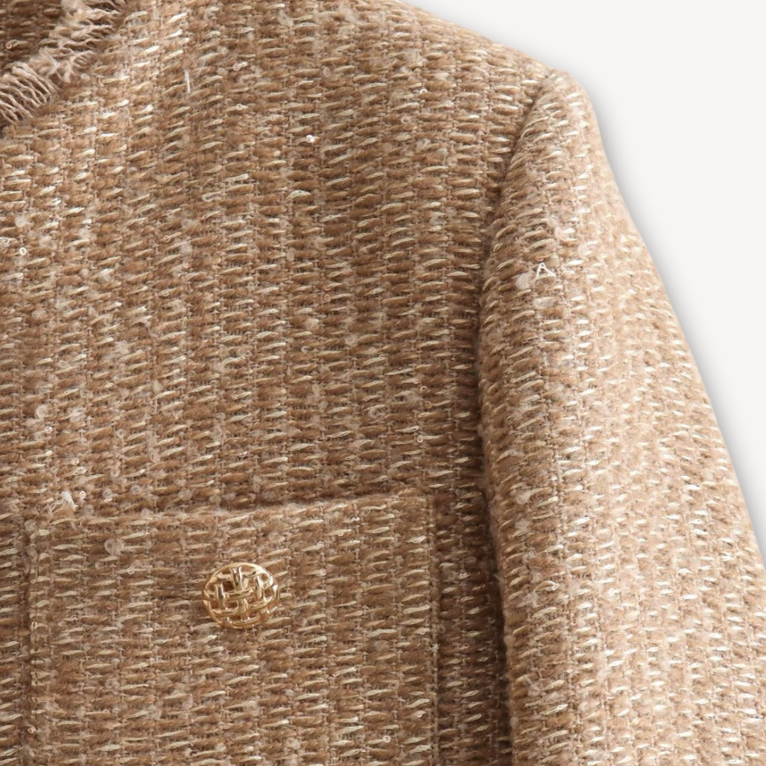 Loravelle | Women's Tweed Button-Up Jacket - Beige, Wool Blend, Elegant Slim Fit, Adult Outerwear