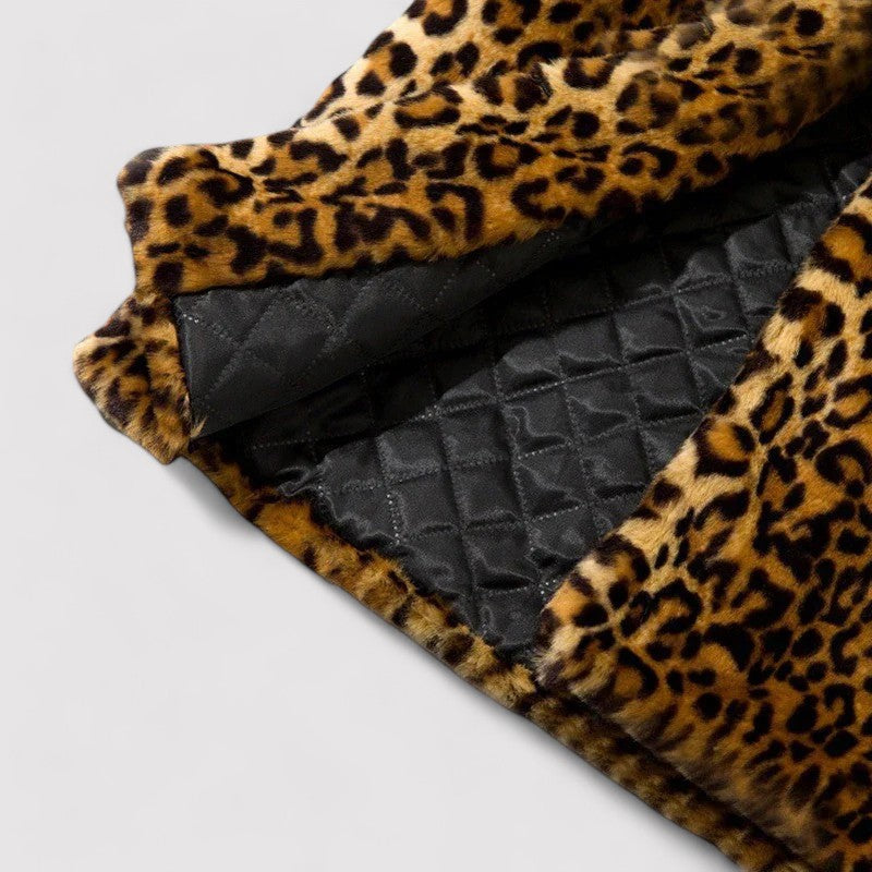 Women's Faux Fur Coat - Leopard Print - Mid-Length - Wide Collar - Warm Stylish Outerwear