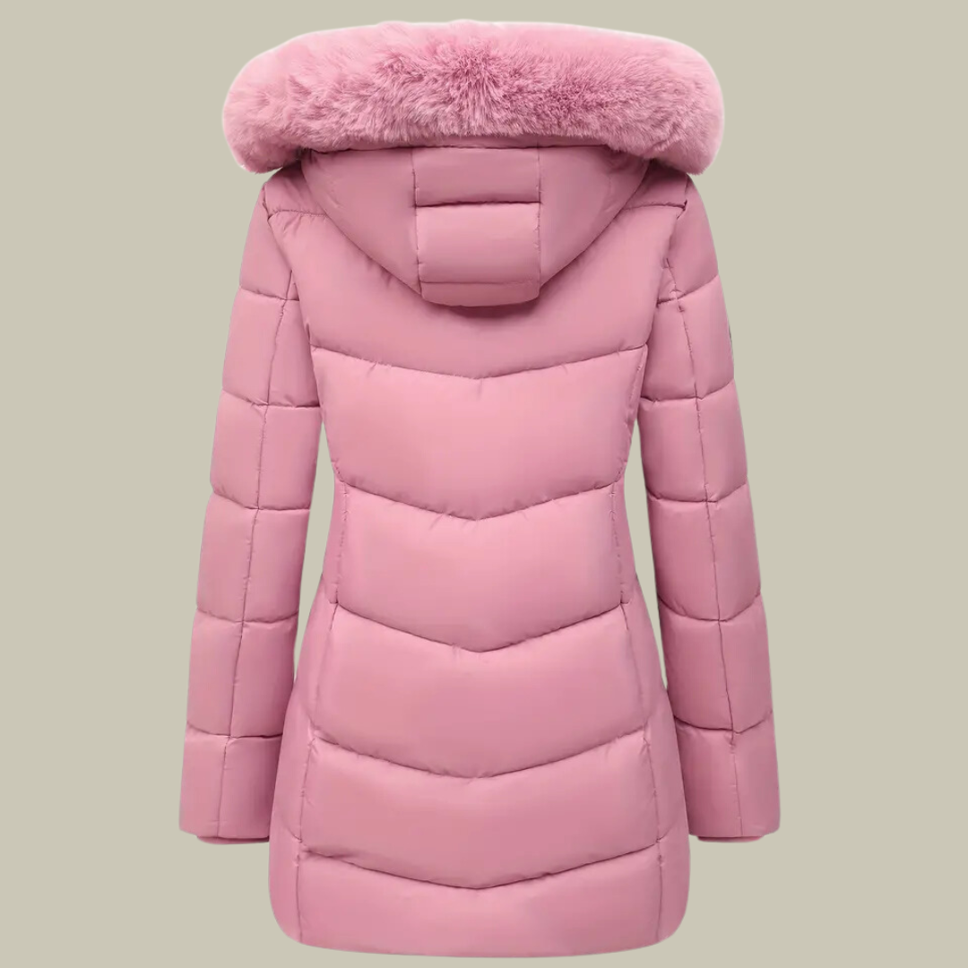 Quilted fur hoodie mid-length winter jacket for women