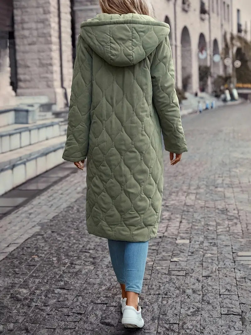Women's Quilted Long Coat - Hooded - Full-Length Insulated - Zip Closure