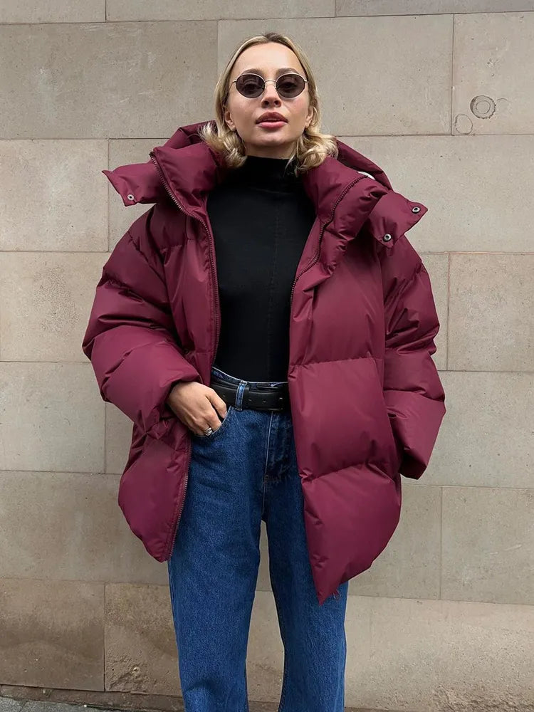 Women's Puffer Coat - Quilted Longline - Hooded High Collar - Warm Insulated