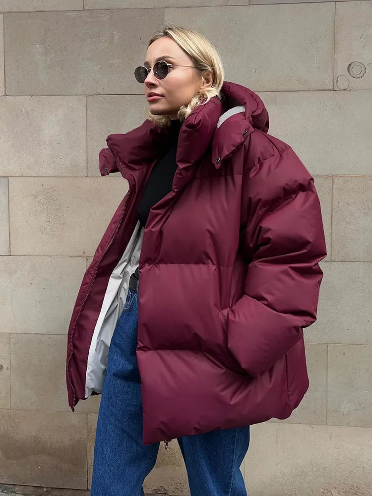 Women's Puffer Coat - Quilted Longline - Hooded High Collar - Warm Insulated