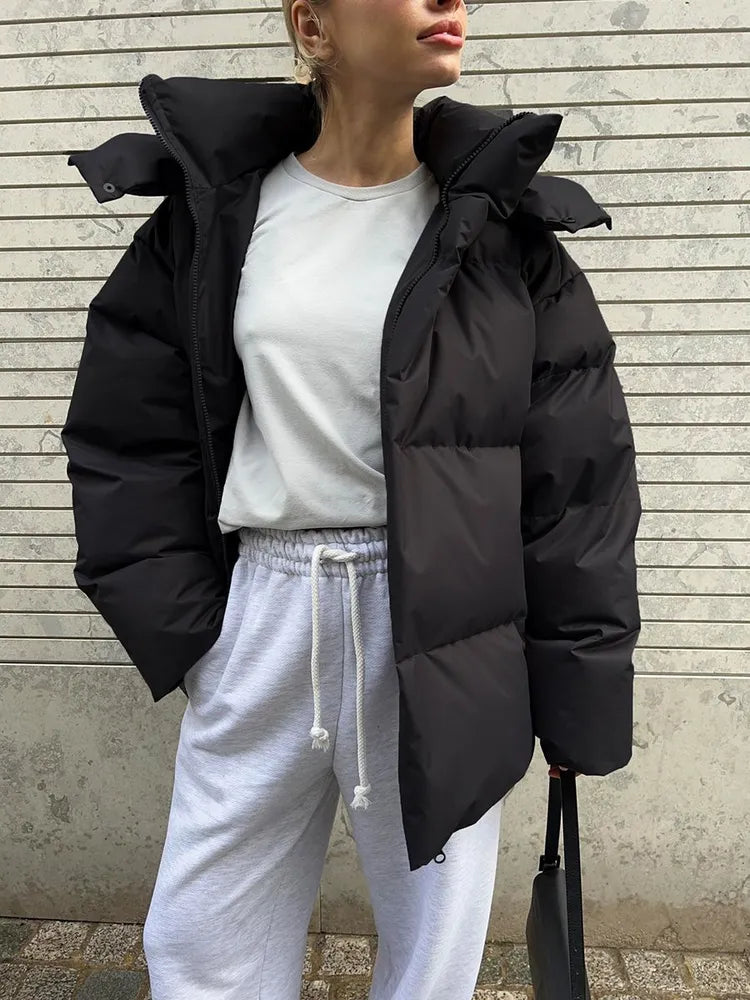 Women's Puffer Coat - Quilted Longline - Hooded High Collar - Warm Insulated