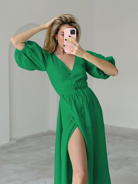 Martha - Peplum balloon sleeve tied dress