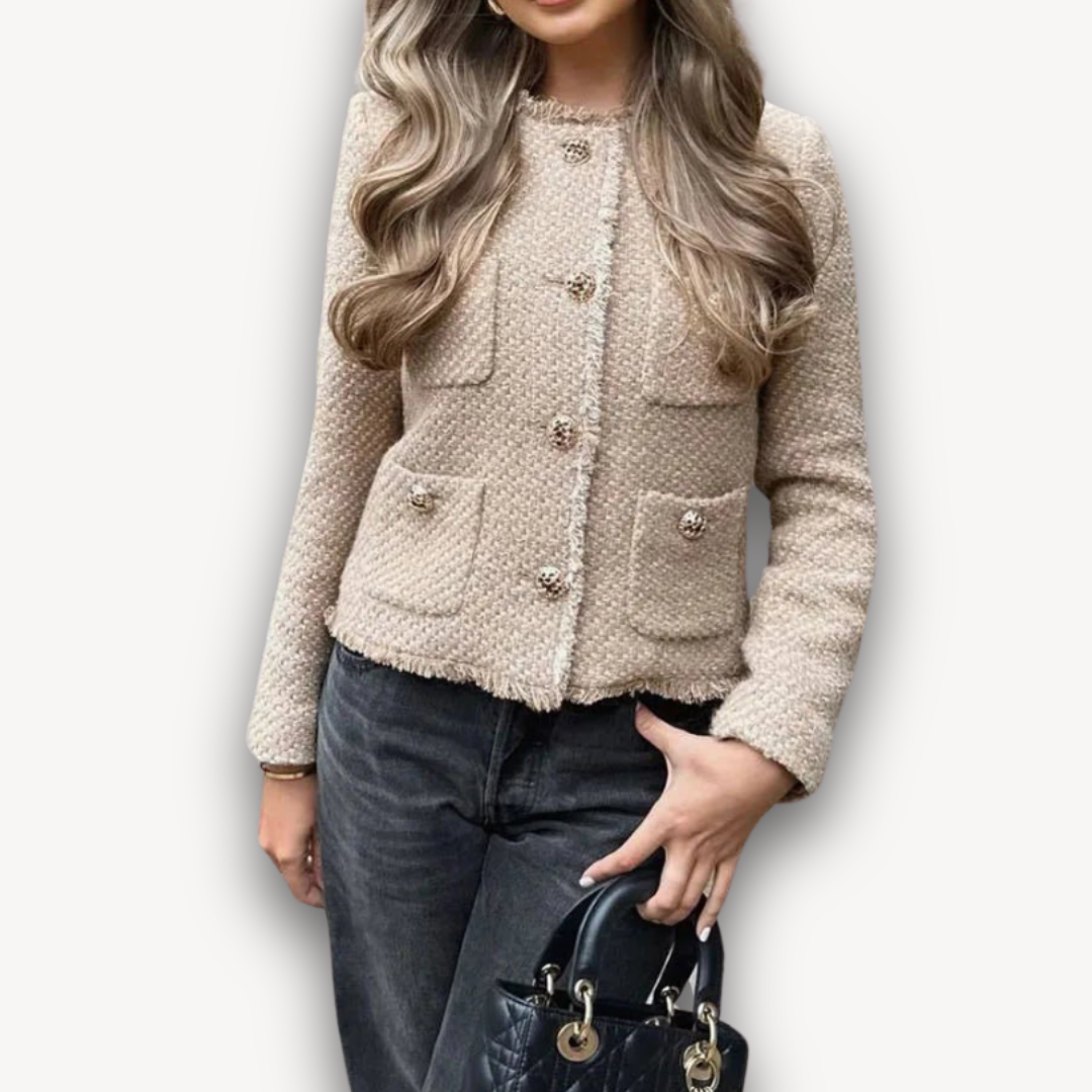 Loravelle | Women's Tweed Button-Up Jacket - Beige, Wool Blend, Elegant Slim Fit, Adult Outerwear