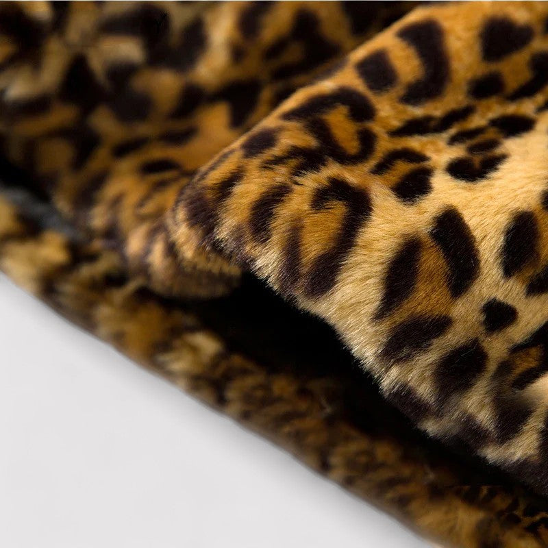 Women's Faux Fur Coat - Leopard Print - Mid-Length - Wide Collar - Warm Stylish Outerwear