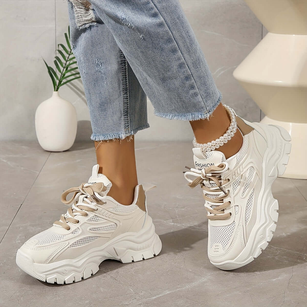 Women's White Mesh Thick Sole Trainers