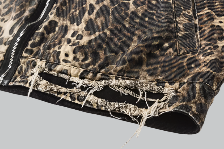 Retro leopard print washed denim jacket for women