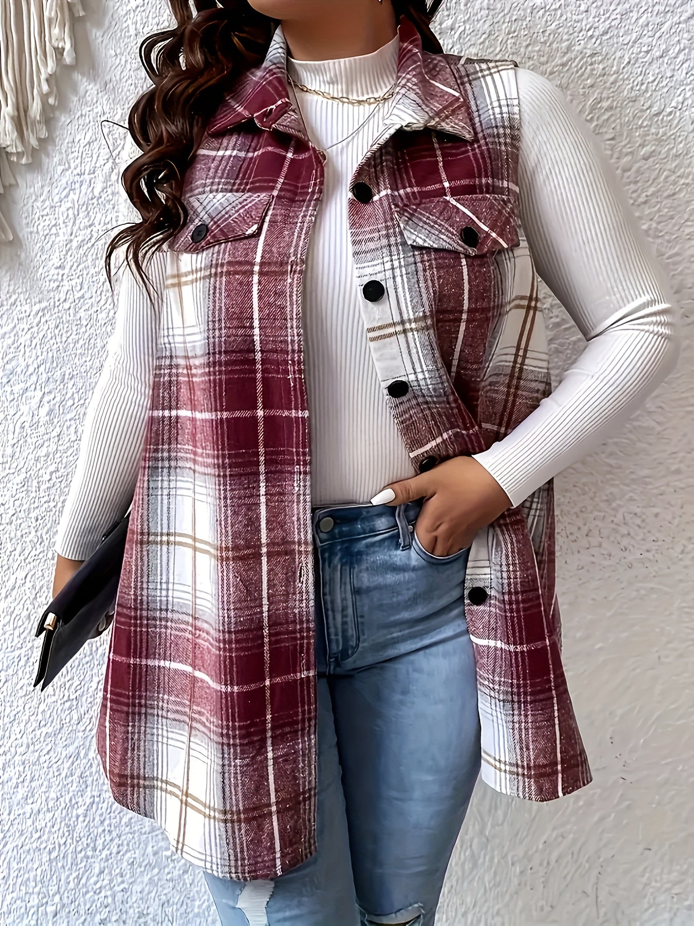 Plaid pattern vest jacket for women