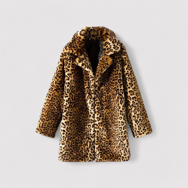 Women's Faux Fur Coat - Leopard Print - Mid-Length - Wide Collar - Warm Stylish Outerwear