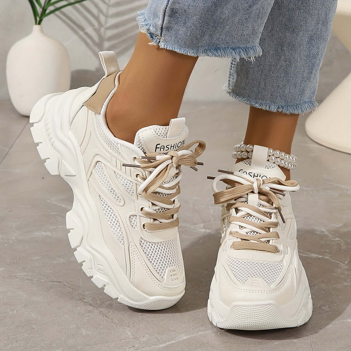 Women's White Mesh Thick Sole Trainers