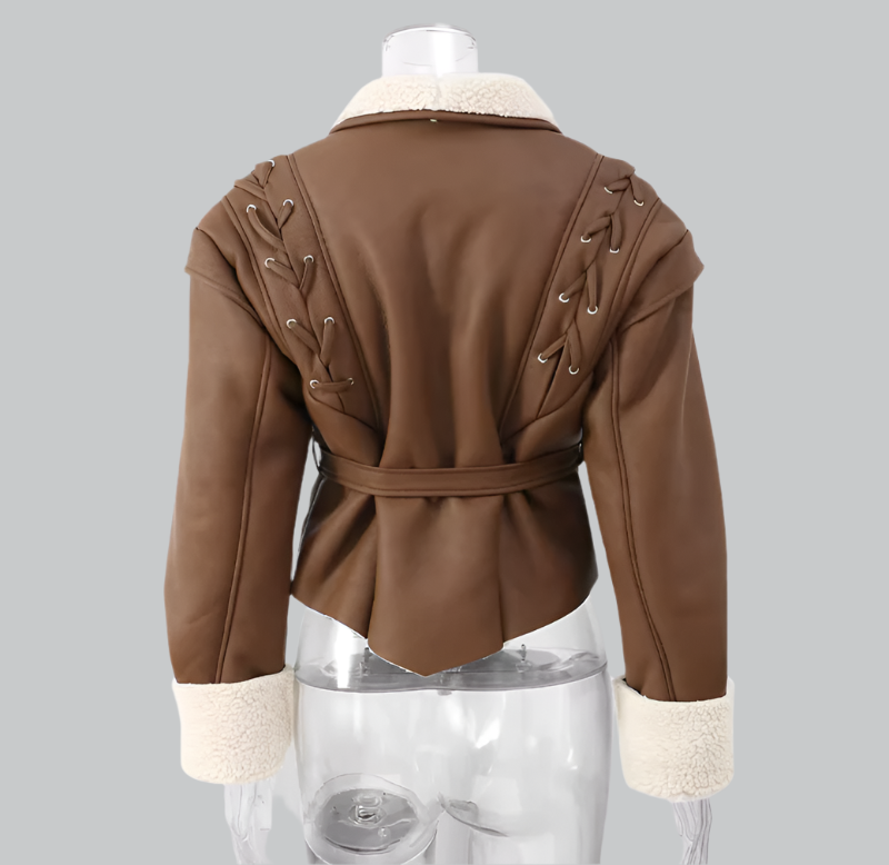 Warm furry tie leather jacket for women