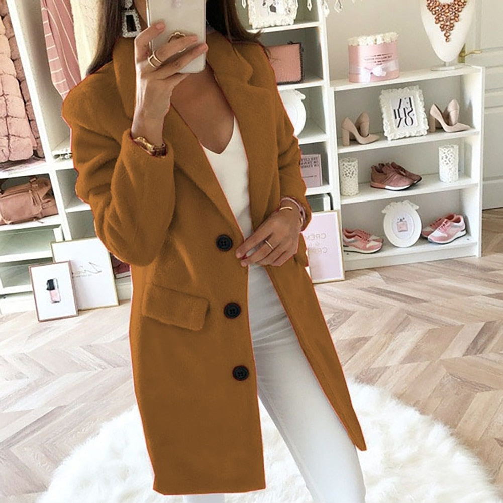 Women's Tailored Coat - Wool Blend - Notch Lapel - Mid Length - Button Closure